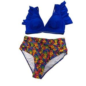 Women’s ruffle high waisted swimsuit Sz XXL floral & blue two-piece swimwear NWT